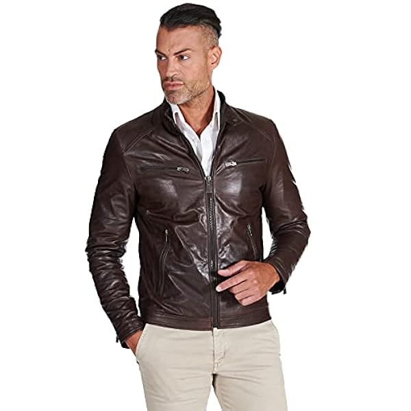 Dark brown pull up lamb leather biker jacket four zipper pockets
